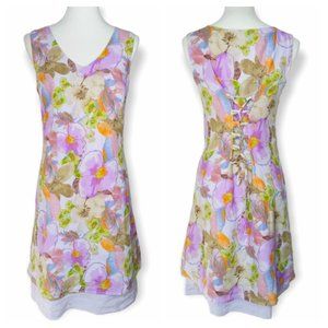 Click 100% Linen Tiered Dress Size Medium Purple Floral Corset Lace Back